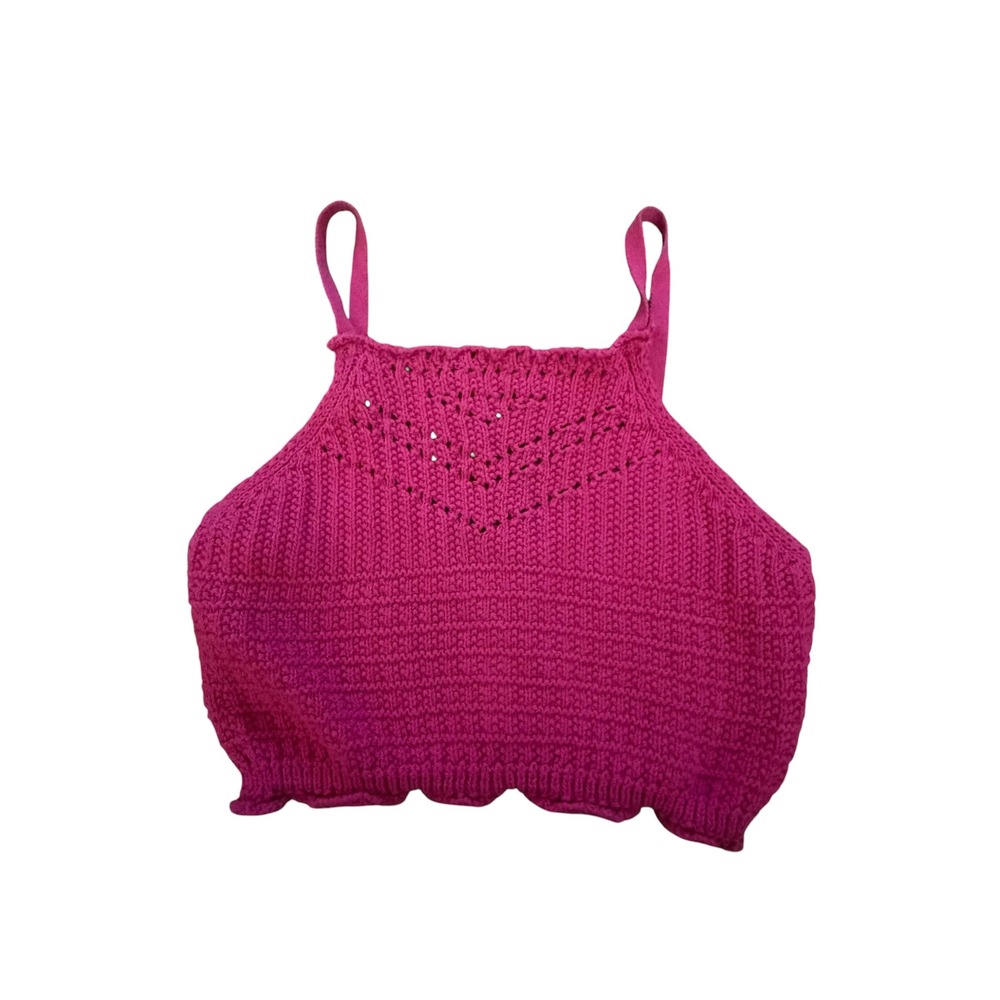 Zara Girls Pink Knit Crop Top Pointelle Chevron Scalloped Hem Size 11-12